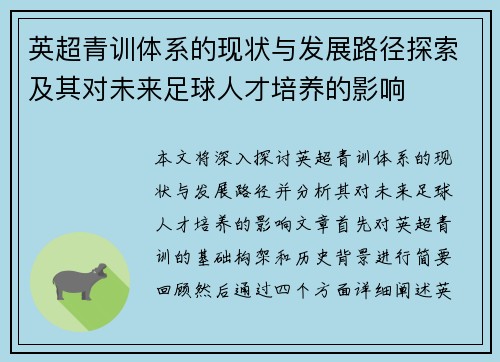英超青训体系的现状与发展路径探索及其对未来足球人才培养的影响