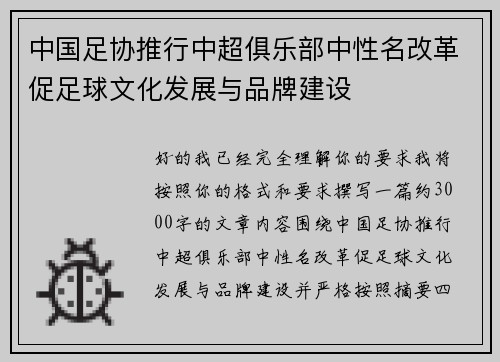 中国足协推行中超俱乐部中性名改革促足球文化发展与品牌建设